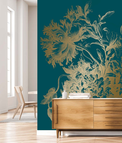 product image of Gold Metallic Wall Mural in Engraved Flowers Petrol 592