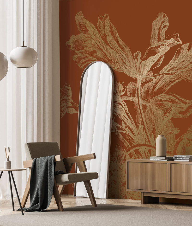 media image for Gold Metallic Wall Mural in Engraved Flowers Terra 251