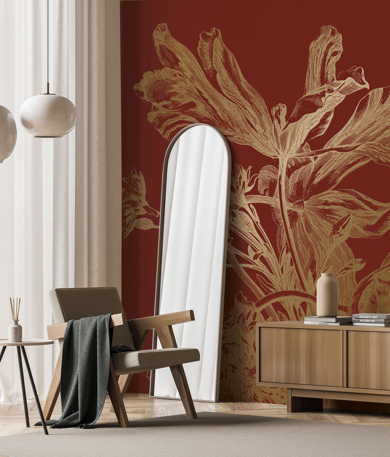 media image for Gold Metallic Wall Mural in Engraved Flowers Bordeaux 241