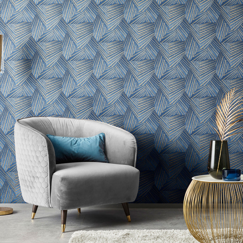 media image for Geometric D Triangle Wallpaper in Blue/Gold from the ELLE Decoration Collection by Galerie Wallcoverings 294
