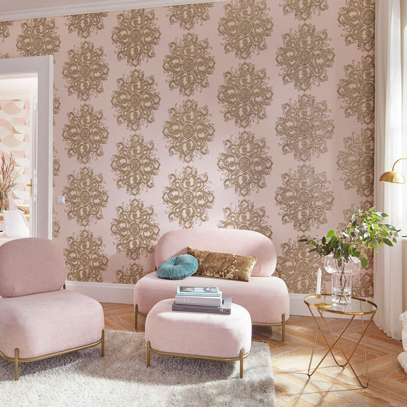 media image for Baroque Damask Wallpaper in Blush/Gold from the ELLE Decoration Collection by Galerie Wallcoverings 214
