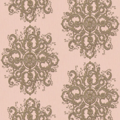 product image of Baroque Damask Wallpaper in Blush/Gold from the ELLE Decoration Collection by Galerie Wallcoverings 520