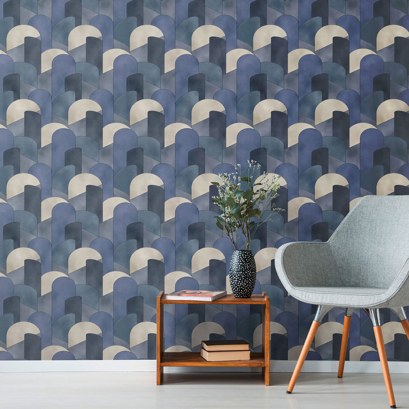 media image for 3D Geometric Graphic Wallpaper in Blue/Teal/Beige from the ELLE Decoration Collection by Galerie Wallcoverings 225