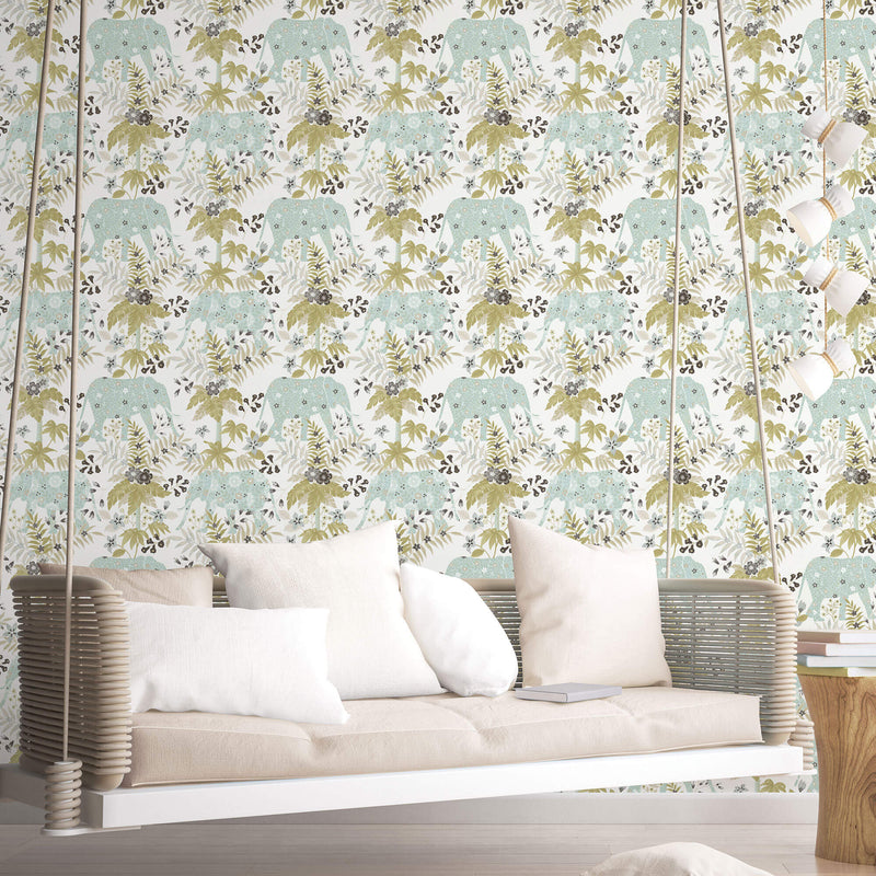 media image for Elephant Green/Blue Wallpaper from the Into the Wild Collection by Galerie Wallcoverings 247