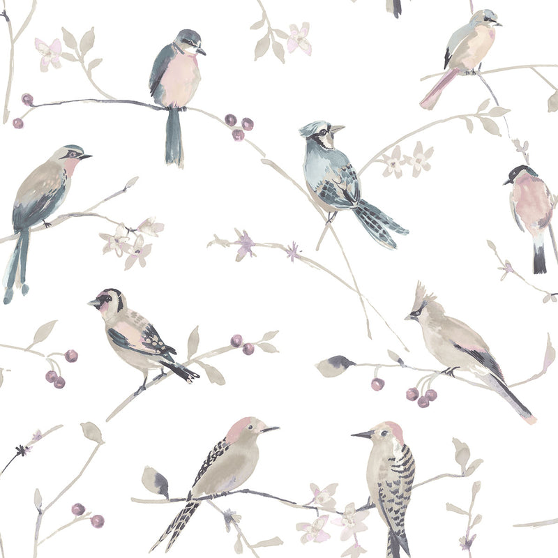 media image for Birdsong Mauve Trail Wallpaper from the Thoreau Collection by Brewster 234