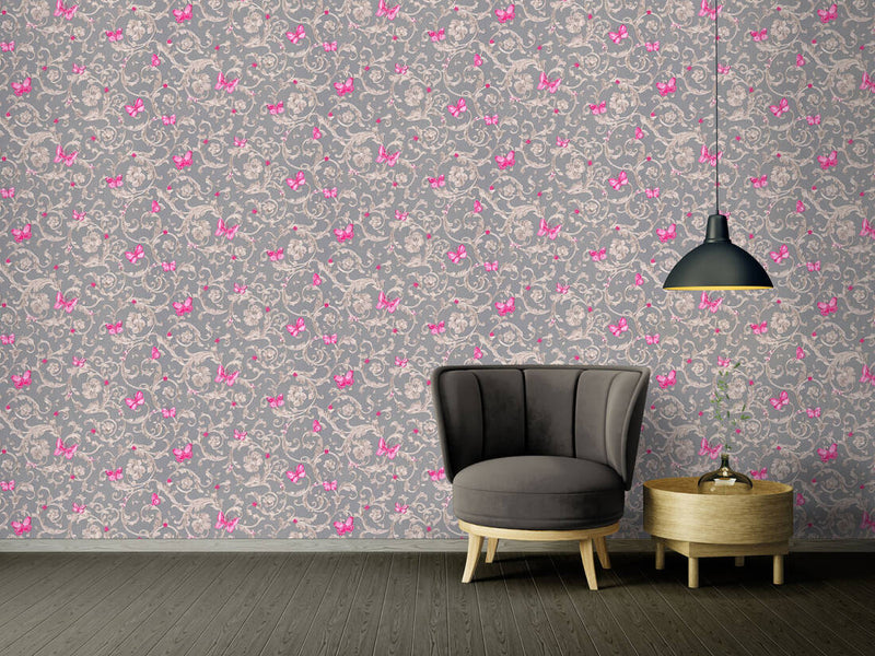 media image for Classic Scrollwork Damask Butterflies Textured Wallpaper in Grey/Purple 291