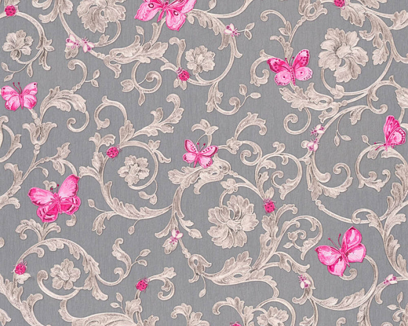media image for Classic Scrollwork Damask Butterflies Textured Wallpaper in Grey/Purple 238
