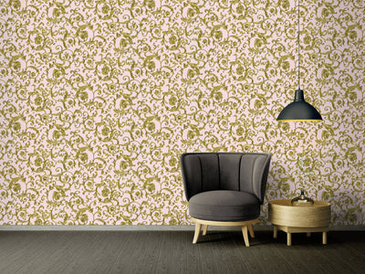 product image for Damask Scrollwork Floral Textured Wallpaper in Pink/Gold 18