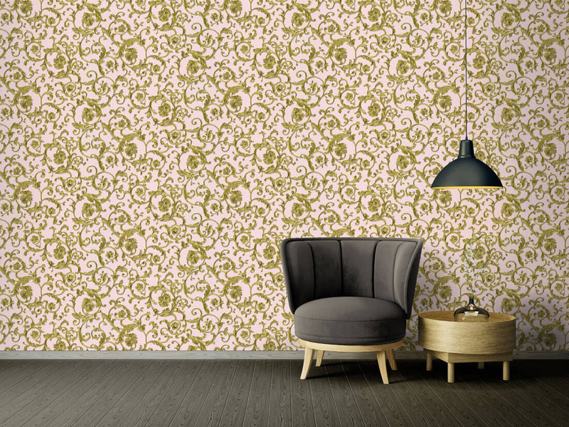 media image for Damask Scrollwork Floral Textured Wallpaper in Pink/Gold 213