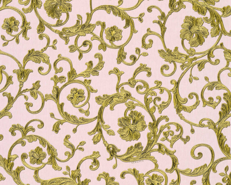 media image for Damask Scrollwork Floral Textured Wallpaper in Pink/Gold 269