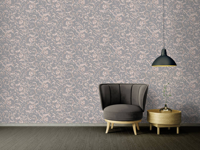media image for Damask Scrollwork Floral Textured Wallpaper in Grey/Metallic 284