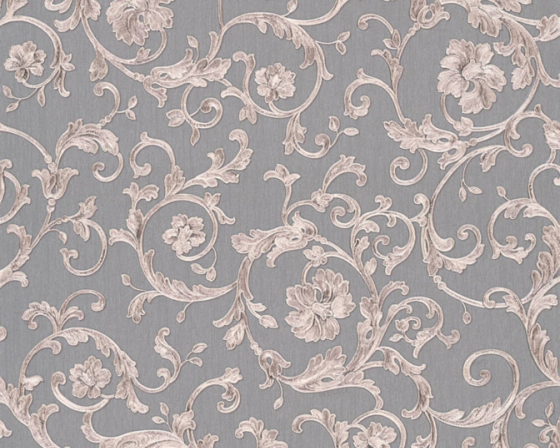media image for Damask Scrollwork Floral Textured Wallpaper in Grey/Metallic 218