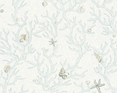 product image of Floral Corals Seashells Textured Wallpaper in Blue/Metallic 556