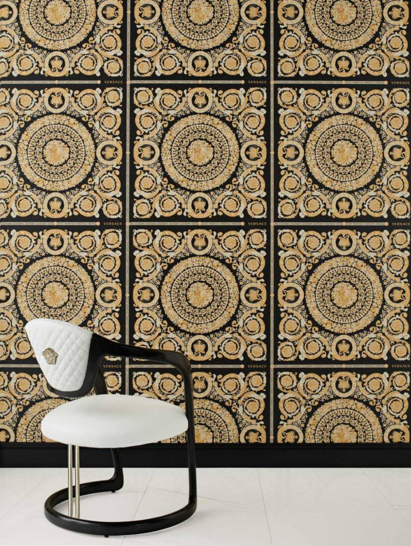 media image for Classical Tile Baroque Textured Wallpaper in Black/Cream from the Versace IV Collection 232