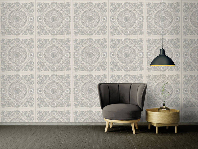 media image for Classical Tile Baroque Textured Wallpaper in Grey/Silver from the Versace IV Collection 290