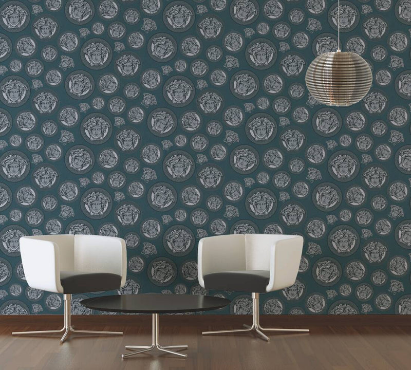 media image for Medusa Head Textured Wallpaper in Black/Blue from the Versace V Collection 293