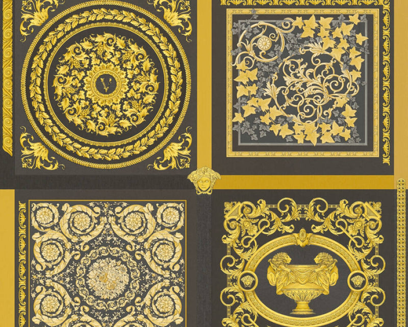 media image for Baroque Squares Textured Wallpaper in Black/Gold by Versace Home 233