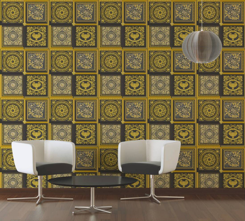 media image for Baroque Squares Textured Wallpaper in Black/Gold from the Versace V Collection 257