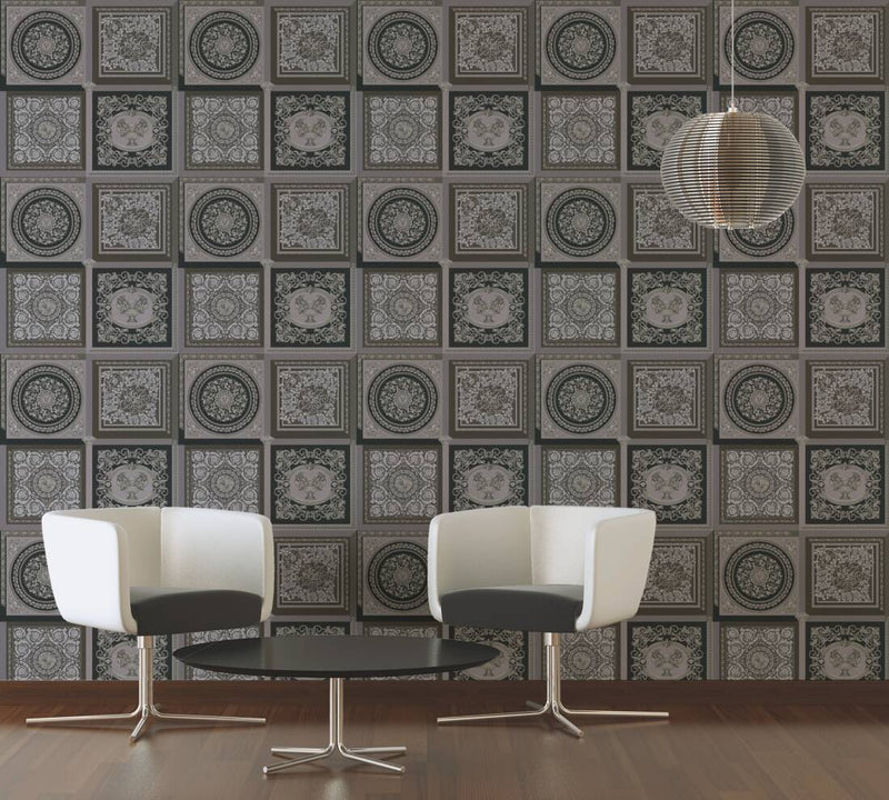 media image for Baroque Squares Textured Wallpaper in Black/Grey from the Versace V Collection 235