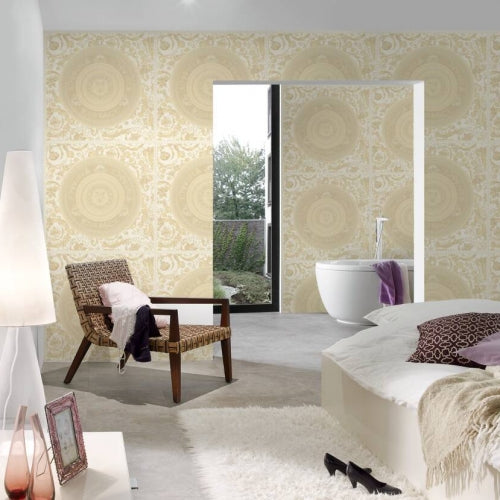 media image for Baroque Circle Textured Wallpaper in Cream/Gold by Versace Home 25