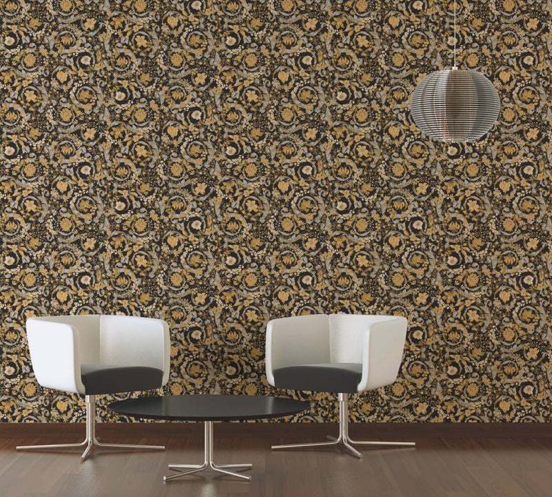 media image for Baroque Damask Textured Wallpaper in Black/Gold from the Versace V Collection 249