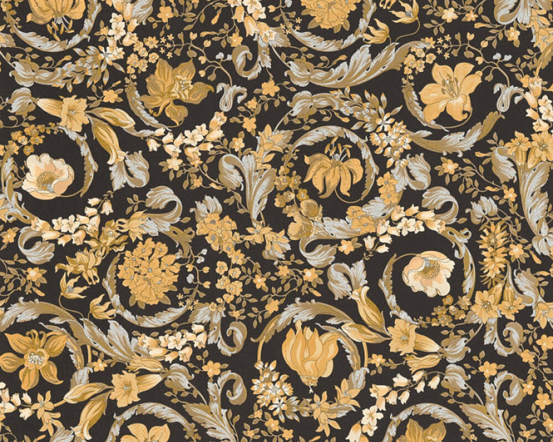 media image for Baroque Damask Textured Wallpaper in Black/Gold by Versace Home 245