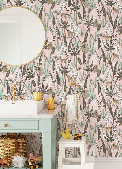 product image for Kiki Pink Monkeys Wallpaper from the Fable Collection by Brewster 89