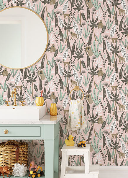 media image for Kiki Pink Monkeys Wallpaper from the Fable Collection by Brewster 232