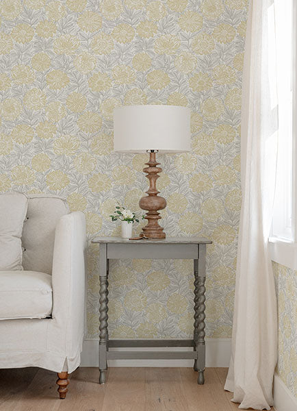 media image for Faustin Yellow Floral Wallpaper from the Delphine Collection by Brewster 234