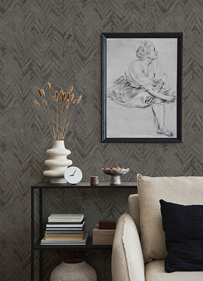product image for Amesemi Dark Grey Distressed Herringbone Wallpaper from Lumina Collection by Brewster 65