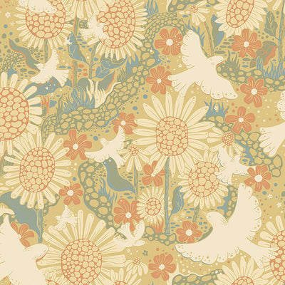 product image of Drömma Coral Songbirds and Sunflowers Wallpaper from Briony Collection by Brewster 575
