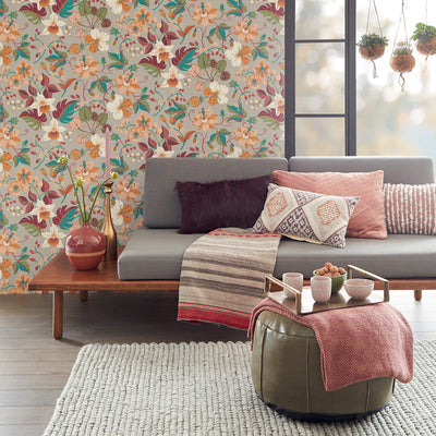 product image for Floral Large-Scale Wallpaper in Teal/Orange/Raspberry 39