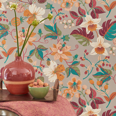 product image for Floral Large-Scale Wallpaper in Teal/Orange/Raspberry 71