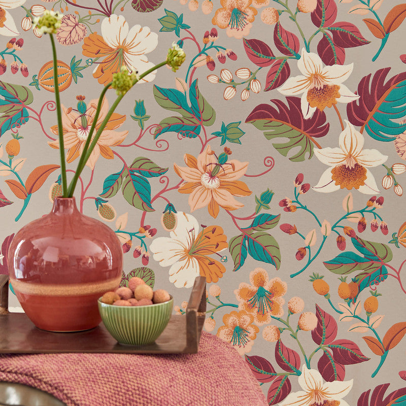 media image for Floral Large-Scale Wallpaper in Teal/Orange/Raspberry 294