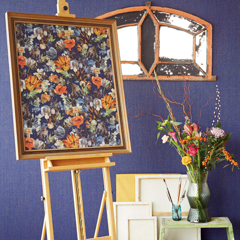 media image for Botanical Crackled Wallpaper in Royal Blue/Orange 241