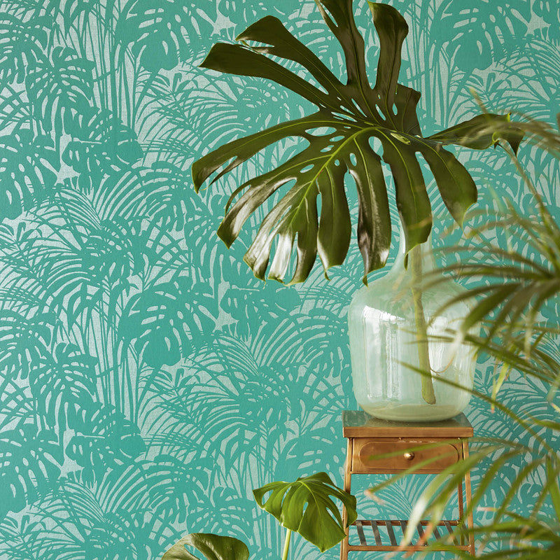media image for Abstract Palm Leaf Textured Wallpaper in Teal/Green 271