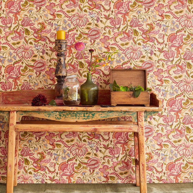 media image for Jacobean Floral Wallpaper in Cream/Pink 268