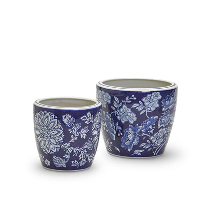 product image for blue and white hand painted planters set of 2 3 81