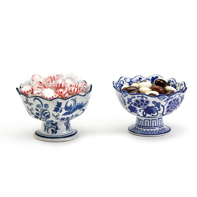 product image for blue and white scalloped edge hand painted footed bowl set of 2 2 70