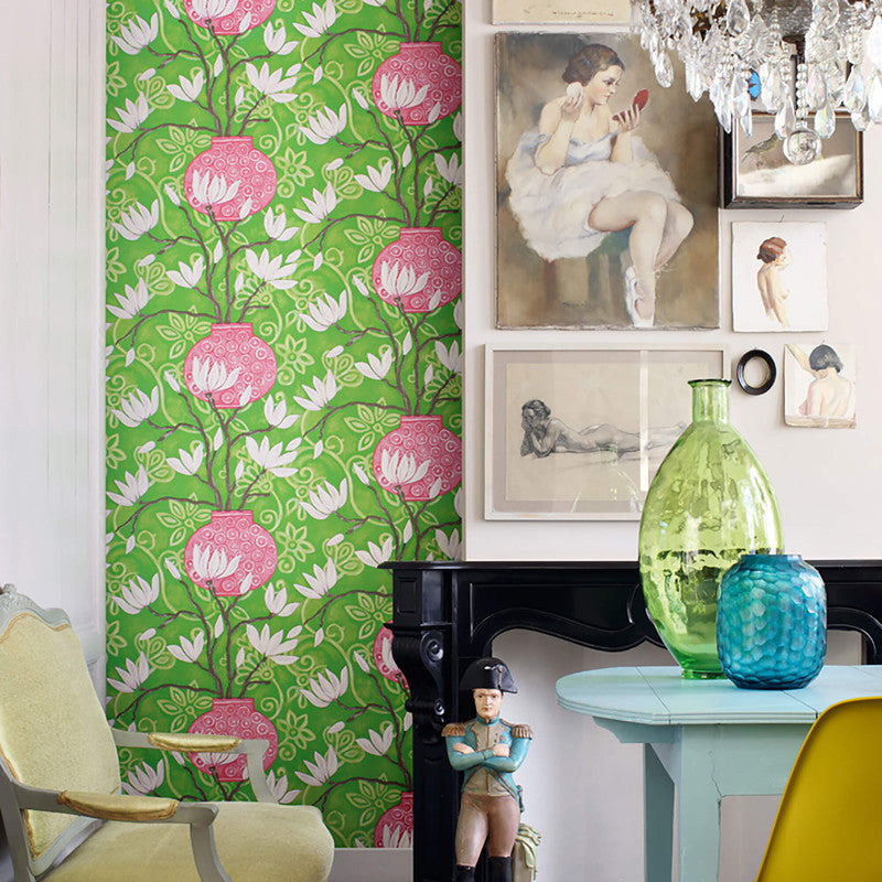 media image for Magnolia Floral Wallpaper in Lime Green/Rose 214