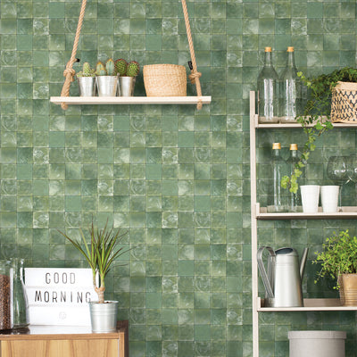 product image of Aqua Tile Wallpaper in Dark Green from the Evergreen Collection by Galerie Wallcoverings 563