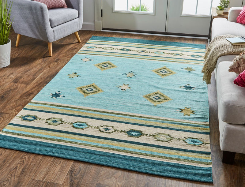 media image for Amara Flatweave Blue and Yellow Rug by BD Fine Roomscene Image 1 261