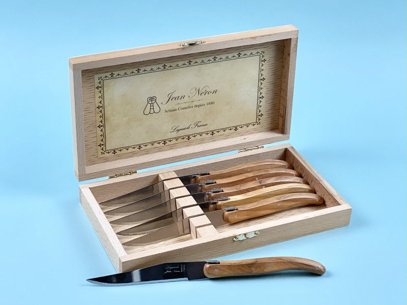 media image for laguiole olivewood knives in wooden box set of 6 2 26