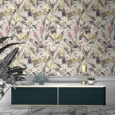 product image for Floral Foliage Traditional Wallpaper in Pink/White 76
