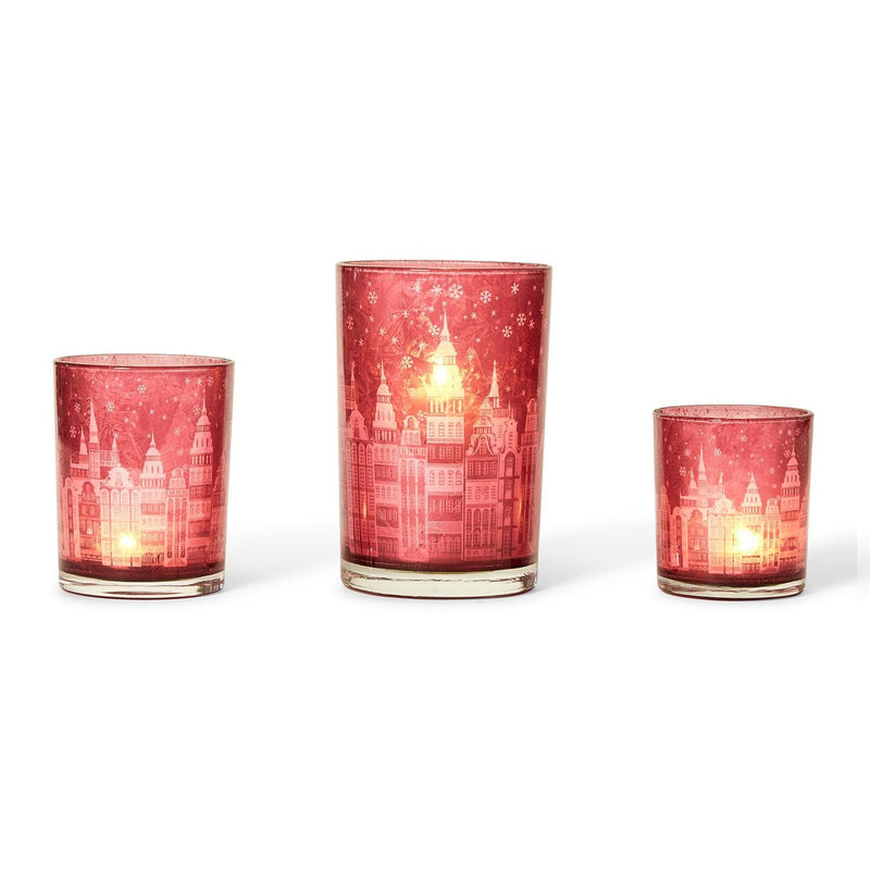 media image for Holiday Lights Winter Town Scene Candleholders - Set of 3 214