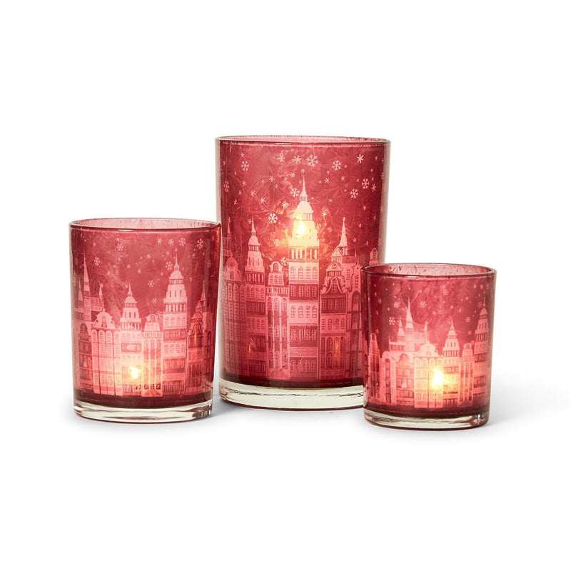 media image for Holiday Lights Winter Town Scene Candleholders - Set of 3 241