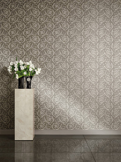 product image for Classic Ornament Flowers Textured Wallpaper in Grey/Metallic 96