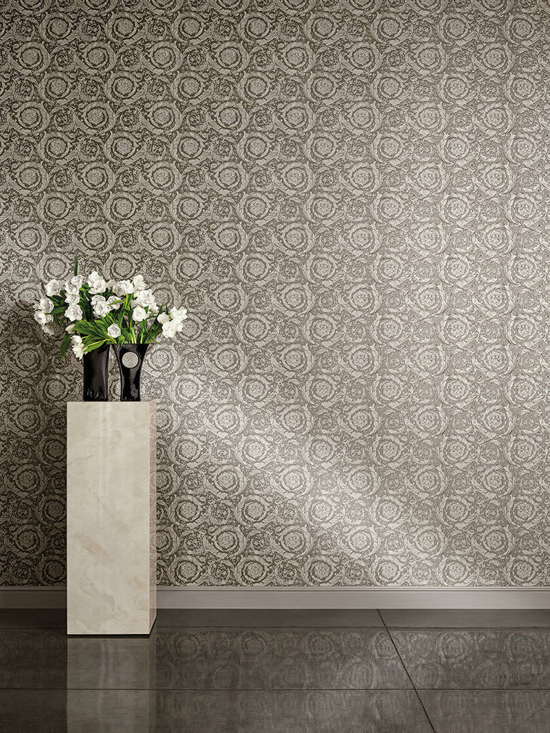 media image for Classic Ornament Flowers Textured Wallpaper in Grey/Metallic 285