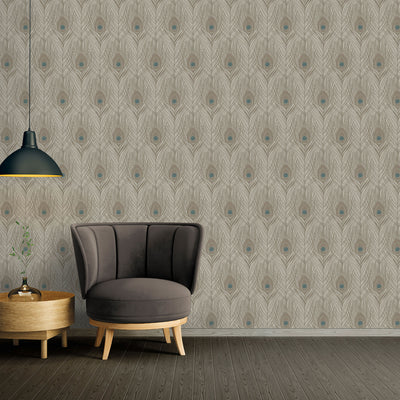 product image for Peacock Feather Motif Wallpaper in Blue/Brown/Grey from the Absolutely Chic Collection by Galerie Wallcoverings 26