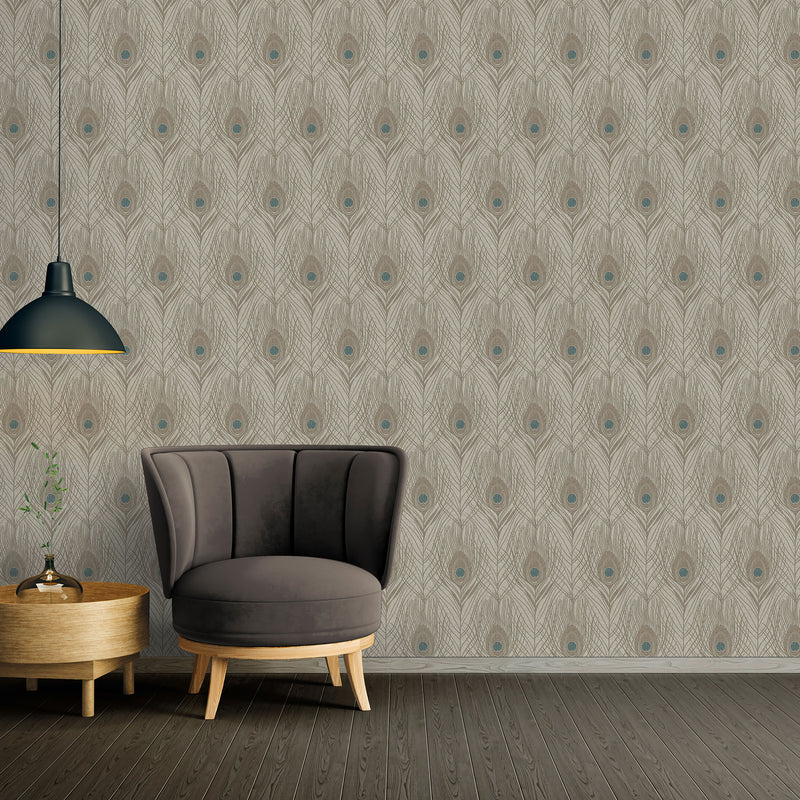 media image for Peacock Feather Motif Wallpaper in Blue/Brown/Grey from the Absolutely Chic Collection by Galerie Wallcoverings 294